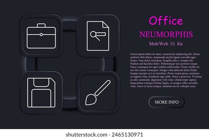 Icono de Office set. Formulario, hoja de verificación, estadísticas, neomorfismo, pincel, maletín, disquete, dossier, carpeta, Cartera, maleta, disco duro, unidad flash. Concepto de departamento.