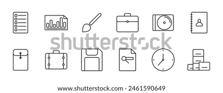 Office set icon. Form, check sheet, statistics, diagram, indicators, brush, briefcase, call, dossier, folder, portfolio, suitcase, hard drive, flash drive, clock, boxes. Department concept.