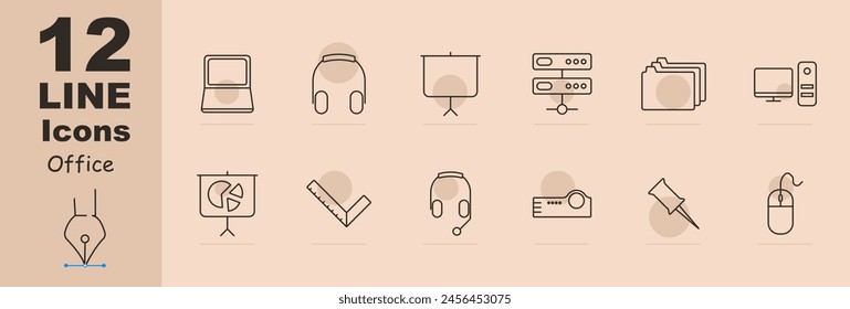 Office set icon. Laptop, headphones, presentation, server, files, folders, computer, monitor, system unit, ruler, microphone, call center, projector, pin button, mouse. Office work concept.