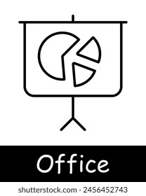 Icono de Office set. Tecnología moderna, ordenador, portátil, presentación, proyector, diagrama, oratoria, informe, líneas negras sobre un fondo blanco. Concepto de trabajo de oficina.