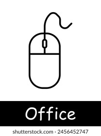 Office-Set-Symbol. Moderne Technologie, Computer, Laptop, Computermaus, Arbeitsplatz, Job, Arbeit, schwarze Linien auf weißem Hintergrund. Büroarbeitskonzept.