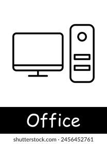 Icono de Office set. Tecnología moderna, ordenador, portátil, unidad de sistema, monitor, lugar de trabajo, trabajo, trabajo, líneas negras sobre un fondo blanco. Concepto de trabajo de oficina.