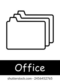 Office set icon. Modern technology, computer, laptop, folders, files, sorting, list, summaries, reports, black lines on a white background. Office work concept.