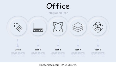 Icono de Office set. Neomorfismo, Configuraciones, infografía, escáner, cruz, escáner de retina, intersección de círculos, capas, router, objeto. Concepto de tecnología moderna.