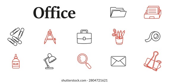 Office set icon. Paperclips, adhesive bottle, drafting compass, workplace briefcase, stationery container, adjustable lamp, magnifier, correspondence envelope, organizational