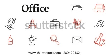 Office set icon. Paperclips, adhesive bottle, drafting compass, workplace briefcase, stationery container, adjustable lamp, magnifier, correspondence envelope, organizational
