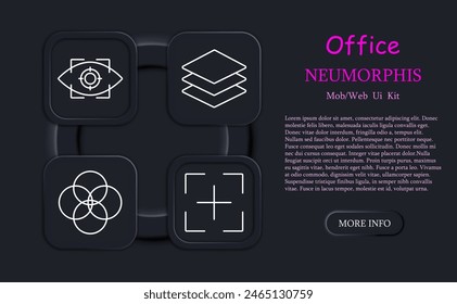 Office set icon. Retina, scanner, identification, recognition, layers, editing, neomorphism, target, connecting circles, color balance, photoshop. Office work concept.