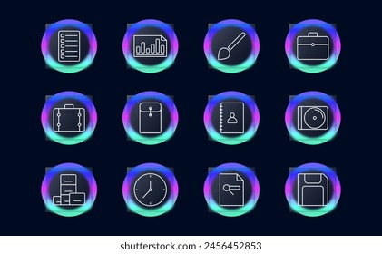 Office set icon. Sliders, settings, human silhouette, scanner, cross, eye, ID, retina scanner, tablet, quadcopter, drone, intersection of circles, layers, glassmorphism. Modern technology concept.