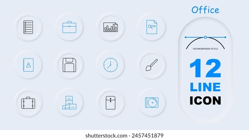 Office set icon. Sliders, settings, human silhouette, scanner, cross, eye, ID, retina scanner, tablet, quadcopter, drone, intersection of circles, layers, neomorphism. Modern technology concept.