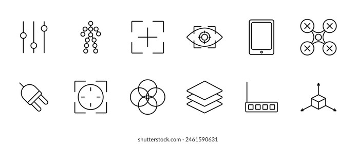 Office set icon. Sliders, settings, human silhouette, scanner, cross, eye, ID, retina scanner, tablet, quadcopter, drone, intersection of circles, layers, router, object. Modern technology concept.