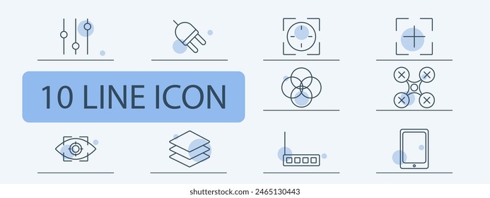 Office set icon. Sliders, settings, human silhouette, scanner, cross, eye, ID, retina scanner, tablet, quadcopter, drone, intersection of circles, layers, router, object. Modern technology concept.