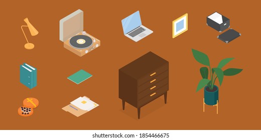 Office configurado con laptop. Isometric vectorial ilustración en diseño plano. Trabajar desde casa, oficina, hacer deberes, escuela. 