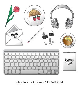Office set. Notepad, headphones, keyboard, croissant on a plate with strawberries, pencil, tea with lemon, letter envelope, tulip flower, paper clip. Vector illustration. White isolated background.