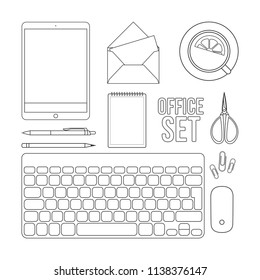 Office set. Notepad, notebook, keyboard, pencil, pen, tea with lemon, computer mouse, letter envelope, paper clip, scissors. Vector lines illustration. White isolated background.
