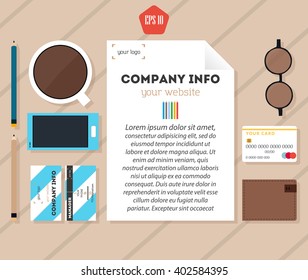 Office set on the table. Business workplace tools, cup of coffee, smart-phone, papers on table. Flat design vector illustration.  Concept business illustration.