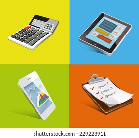 Escritório definido. Ícones de vetor realistas. Tablet Sellphone, lista,