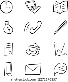 Office set, sketch, vector. Hand drawn sketch. Laptop and phones, book and document, pencil and message, graph and letter, money and coffee cup.
