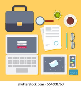 Office set: tablet with email symbol on the screen, laptop, document, smartphone, pencil, card, bag, magnifier, glasses, coffee cup and cactus in a pot. Vector illustration business concept design.