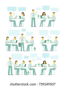 Office set team big set. Business people meeting sit desk working. Brainstorming talking. Light blue colors on a white background. Flat Vector Illustration