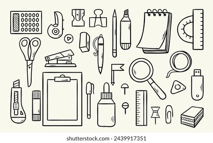 Office set tools. Hand drawn vector illustrations