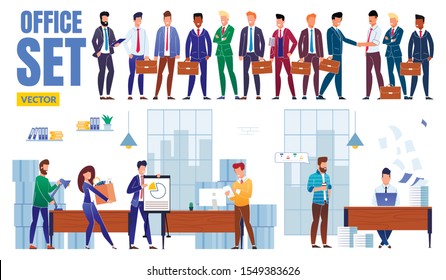 Office Set Vector, Employees Collection, Slide. Girl Carries Big Box with Office Supplies. Guy Presents Chart. Man Directs Table Lamp Office. Lot Men Suits and Ties with Briefcases their Hands.