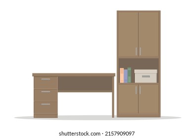 office set wooden table and cabinet on white background workplace