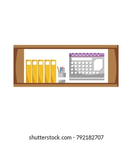 office shelf with folders document and calendar