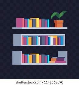 Office shelf with folders and documents. Bookshelf pixel art vector illustration isolated on dark background. 8-bit.