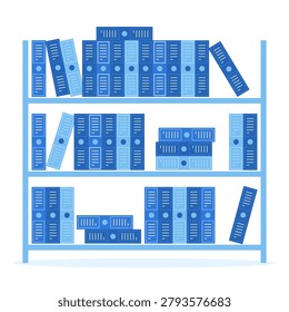 Office shelves with folders, binders and archived reports for project plan management, document storage and business organization. Flat vector illustration of office filing system.
