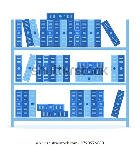 Office shelves with folders, binders and archived reports for project plan management, document storage and business organization. Flat vector illustration of office filing system.