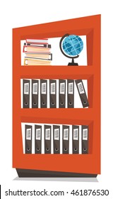 Office shelves with folders vector flat design illustration isolated on white background.