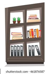 Office shelves with folders vector flat design illustration isolated on white background.