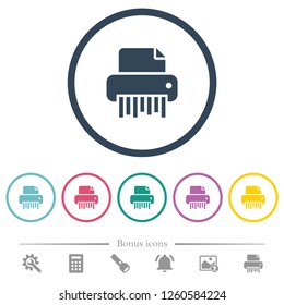 Office shredder flat color icons in round outlines. 6 bonus icons included.