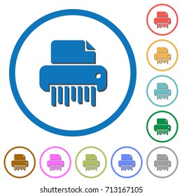 Office shredder flat color vector icons with shadows in round outlines on white background