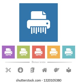 Office shredder flat white icons in square backgrounds. 6 bonus icons included.