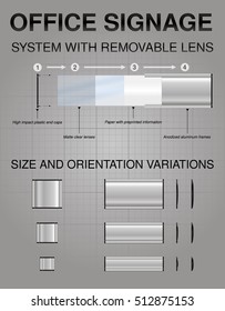 Office signs System with Removable Lens. Cabinet Office sign. Modular sign frames featuring anodized aluminum frames. Vector isolated