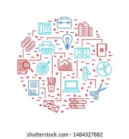 Office Signs Thin Line Round Design Template Include of Clock, Businessman, Coffee, Printer, Lamp and Calendar. Vector illustration of Icons