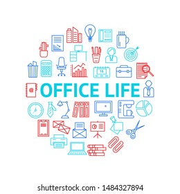 Office Signs Thin Line Round Design Template Ad Include of Clock, Businessman, Coffee, Printer, Lamp and Calendar. Vector illustration of Icons