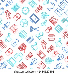 Office Signs Thin Line Seamless Pattern Background oon a White Include of Clock, Businessman, Coffee, Printer, Lamp and Calendar. Vector illustration of Icons