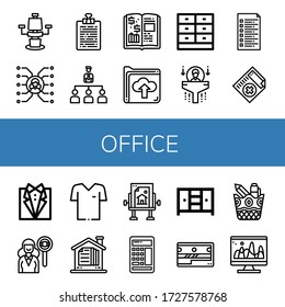 office simple icons set. Contains such icons as Chair, Skill, Curriculum, Organization, Finance book, Folder, Drawer, Human resources, List, can be used for web, mobile and logo