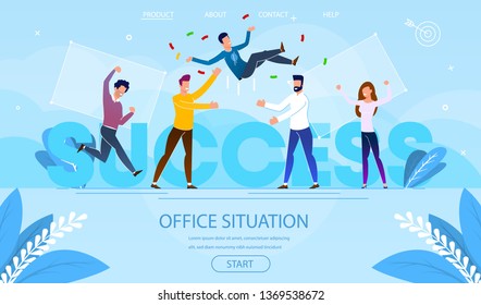 Office Situation of Business Success. Businessman Team Tossing in Air Colleague, Congratulation. Group of People Celebrating Victory Achievement Cartoon Flat Vector Illustration. Horizontal Banner