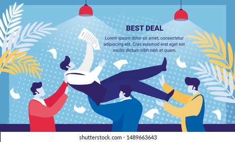 Office Situation of Business Success. Businessmen Team Tossing in Air Colleague, Congratulation. Group of People Celebrating Best Deal Victory Achievement Cartoon Flat Vector Illustration, Banner