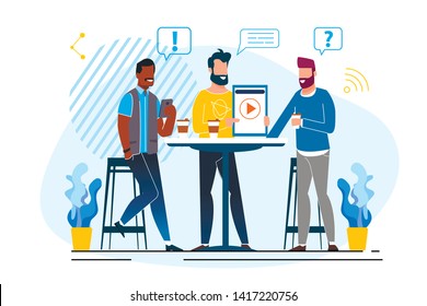 Office Situation Discussion Vector Illustration. Video Presentation in an Informal Setting. Creative Managers Meet with Customer in Cafe. Men Discuss Business Matters During Lunch.