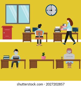 Office situation during pandemic. The employees have to use a mask, face shield, and keep social distance. Stay health guys 