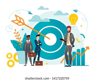 Office Situation Goal Achievement Cartoon Flat. Bearded Man in Business Suit Holds Folder. Close-up Target with an arrow Hit Target. Problem Solving, People Rejoice. Vector Illustration.