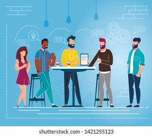 Office Situation Lunch Break Vector Illustration. Young People Happily Communicate Standing at Table. Boys and Girls Laugh and Drink Hot or Cold Drinks. Discussion Business Issues During Break.