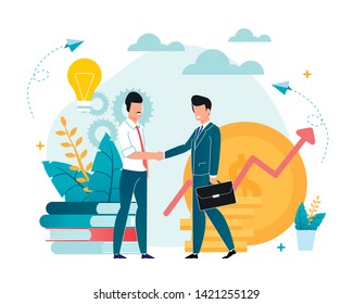 Office Situation Partnership Flat Illustration. Men Shake Hands Agreeing to Work Together. Financial Investments make Profit. Selling Ideas for Income. Cartoon Vector. Successful Businessman.