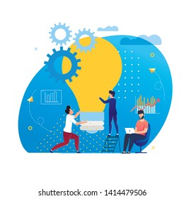 Office Situation Support for Ideas Cartoon Flat. Personal Effectiveness Lies in Proper Allocation Time. Guys Hold Big Incandescent Bulb. Man Sitting at Table with Laptop. Vector Illustration.