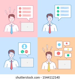 Office situations. Man and laptop. Business people. Checklist, completed tasks, failed mission, errors, phone call, receiving too many messages concepts. Flat line design. Vector illustrations set