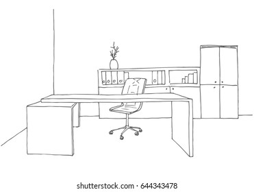 Office In A Sketch Style. Hand Drawn Office Furniture. Vector Illustration.